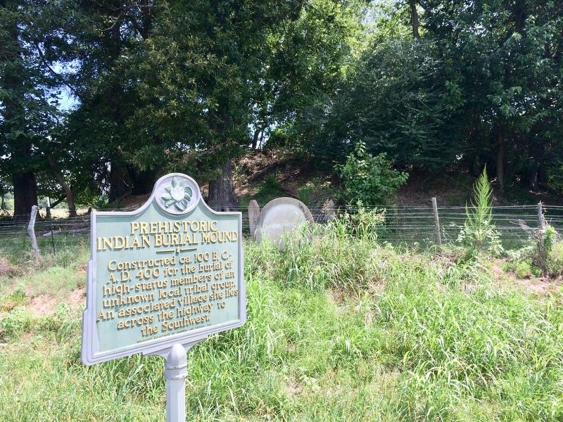 Chickasaw Burial Ground Marker with mound in background. image. Click for full size.