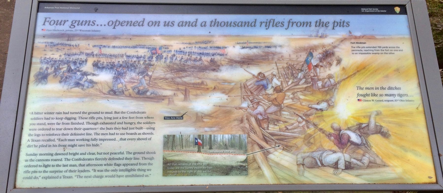 <i>Four guns...opened on us and a thousand rifles from the pits</i> Marker. Click for full size. <i>Four guns...opened on us and a thousand rifles from the pits</i> Marker image. Click for full size.