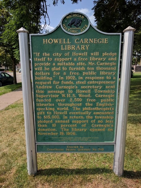 Howell Carnegie Library Marker — Side 2 image. Click for full size.