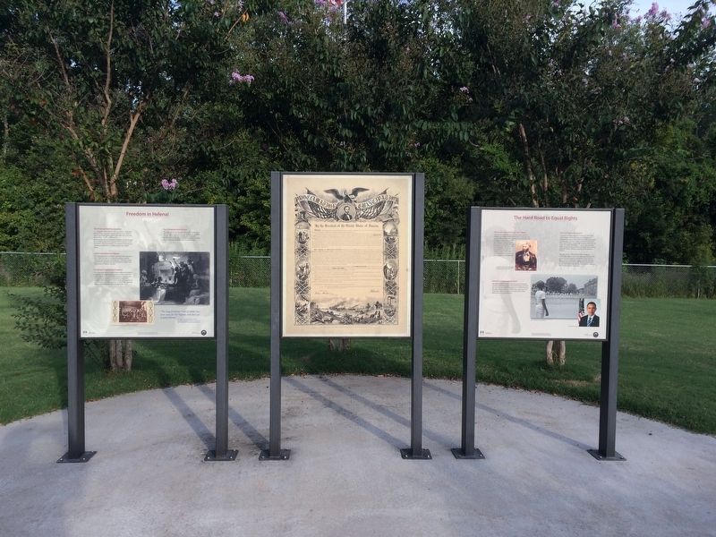 Freedom in Helena! Marker (left) with Emancipation Proclamation in center. image. Click for full size.