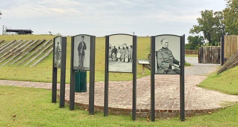 Reverse side of all four markers. Entrance gate to Fort Curtis is in background.. Click for full size. Reverse side of all four markers. Entrance gate to Fort Curtis is in background. image. Click for full size.