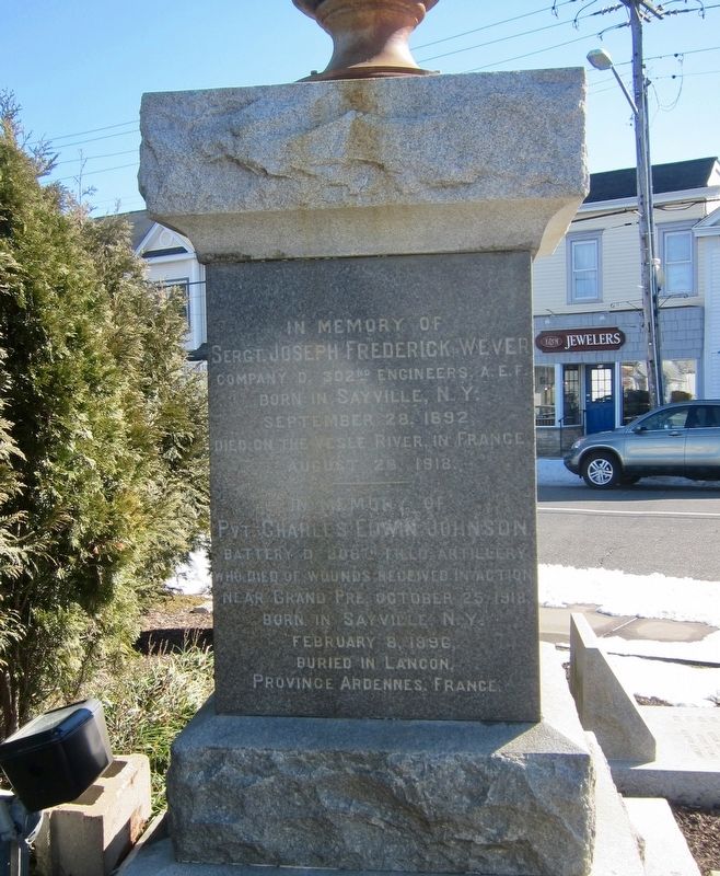 Sayville War Memorial Marker - Main Monument, Left Panel. Click for full size. Sayville War Memorial Marker - Main Monument, Left Panel image. Click for full size.