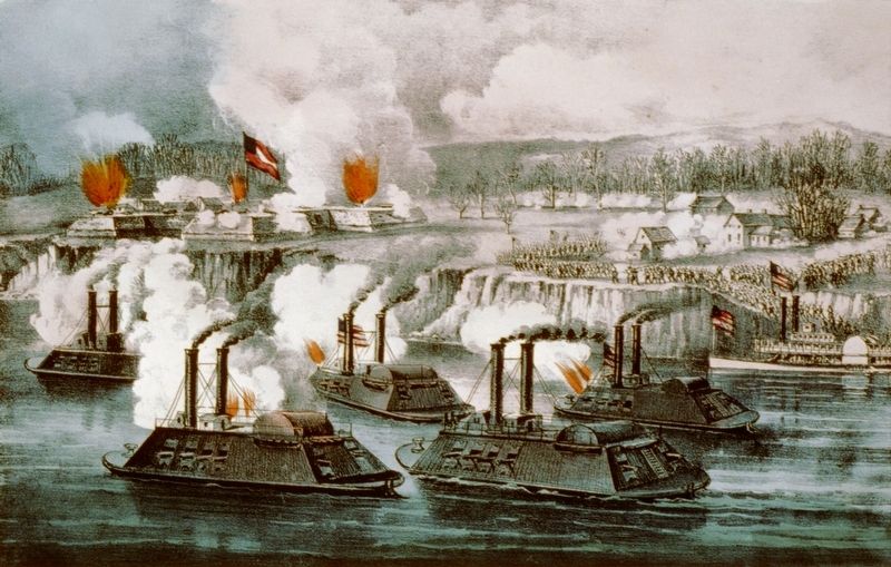 Battle of Fort Hindman at Arkansas Post in 1863 (Currier & Ives) image. Click for full size.