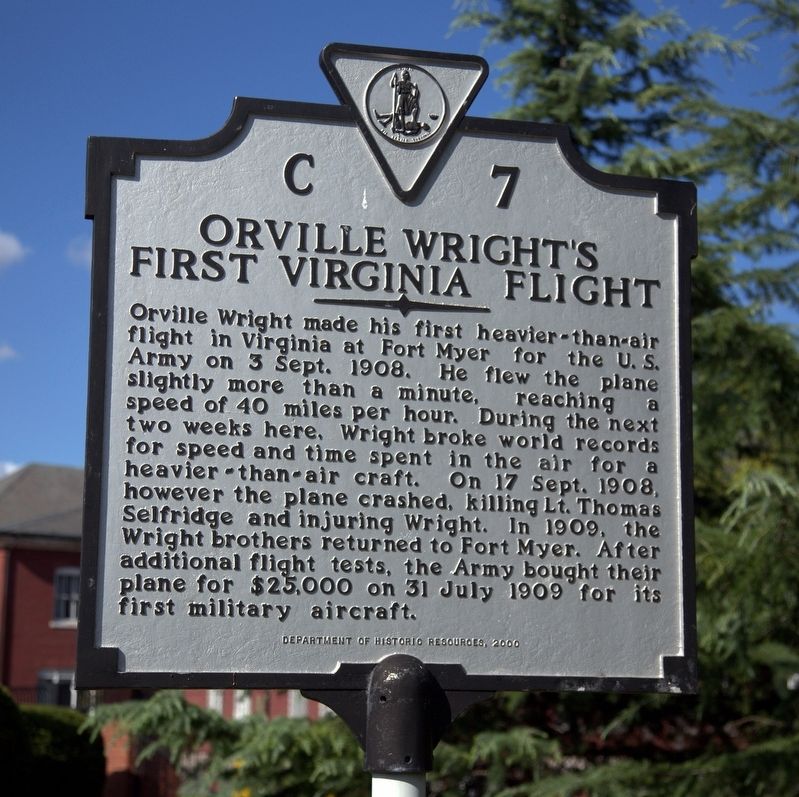 Orville Wrights First Virginia Flight Marker image. Click for full size.