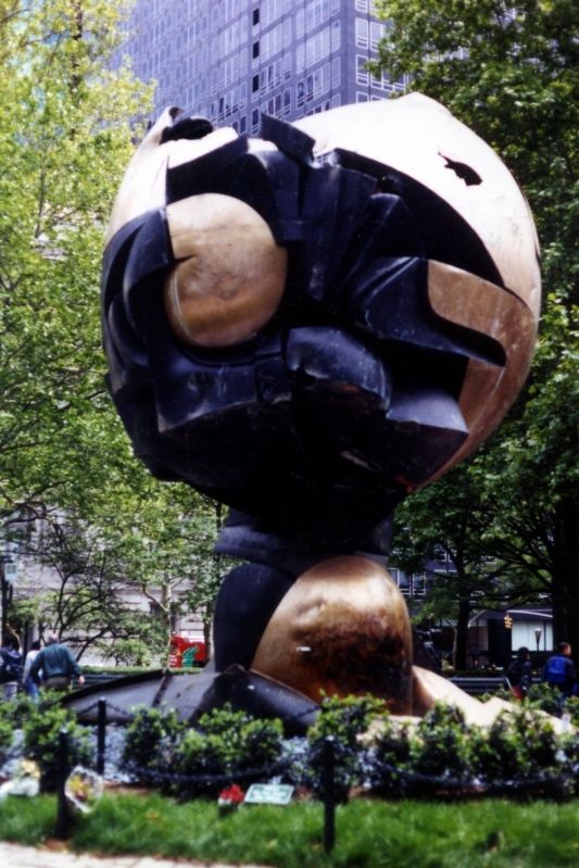 "The Sphere", recovered from the rubble and moved to Battery Park, near Broadway and State Street. image. Click for full size.