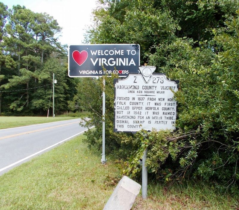 Nansemond County Virginia/North Carolina marker in year 2017. image. Click for full size.