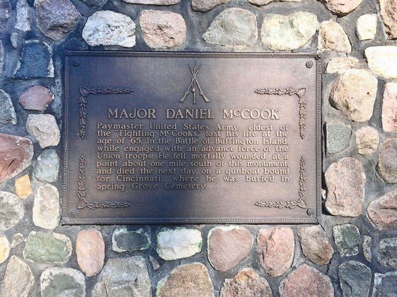 Another Major Daniel McCook plaque, one mile north at the Buffington Island Battlefield Park.. Click for full size. Another Major Daniel McCook plaque, one mile north at the Buffington Island Battlefield Park. image. Click for full size.