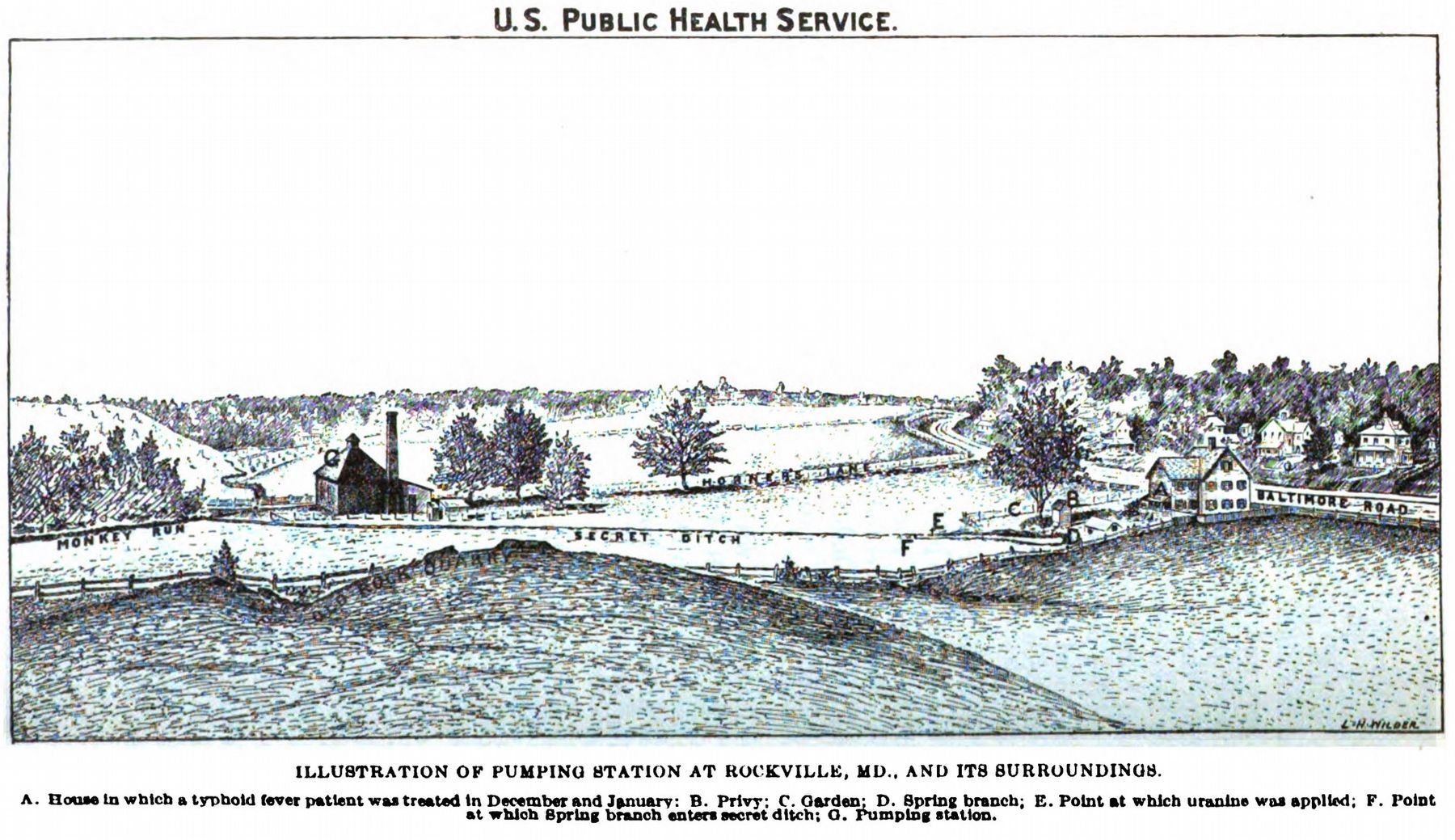 Illustration of Pumping Station at Rockville, MD and Its Surroundings<br>(Lumsden, 1914) image. Click for full size.