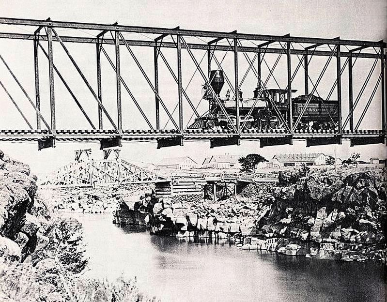 "Utah & Northern Bridge at Eagle Rock (Idaho Falls), Idaho circa 1880..." image. Click for full size.