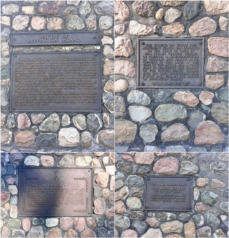 The 4 plaques on the Battle of Buffington Island monument. image. Click for full size.