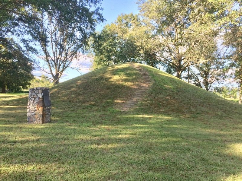 Indian mound and nearby plaque and monument to left. image. Click for full size.