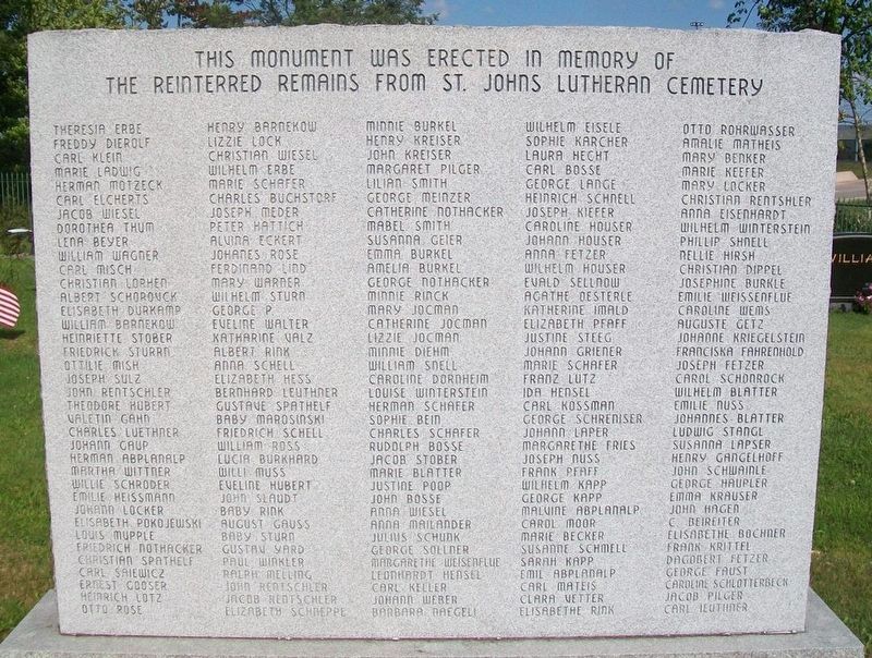 Reinterred Remains from St. John's Lutheran Cemetery Marker (front). Click for full size. Reinterred Remains from St. John's Lutheran Cemetery Marker (front) image. Click for full size.