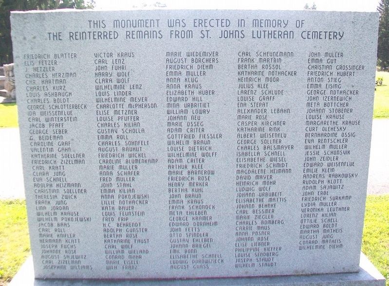 Reinterred Remains from St. John's Lutheran Cemetery Marker (back). Click for full size. Reinterred Remains from St. John's Lutheran Cemetery Marker (back) image. Click for full size.