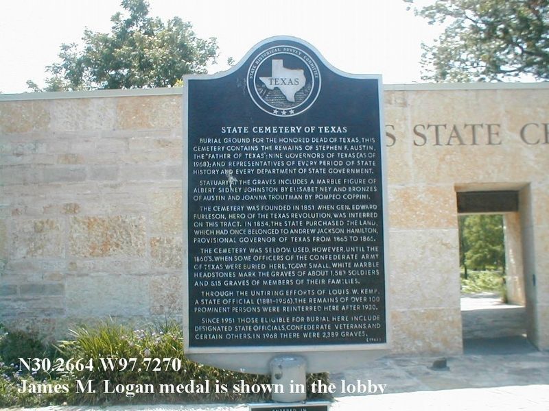An additional nearby marker at the Texas State Cemetery entrance. Click for full size. An additional nearby marker at the Texas State Cemetery entrance image. Click for full size.
