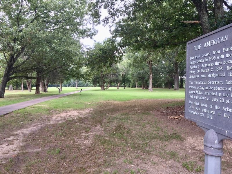 The American Era Marker along the Arkansas Post walkway, west of Old Post Road. image, Touch for more information
