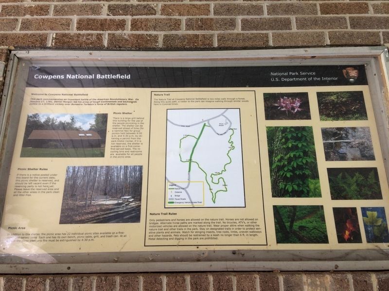 Cowpens National Battlefield Information Board inside Picnic Shelter.. Click for full size. Cowpens National Battlefield Information Board inside Picnic Shelter. image. Click for full size.