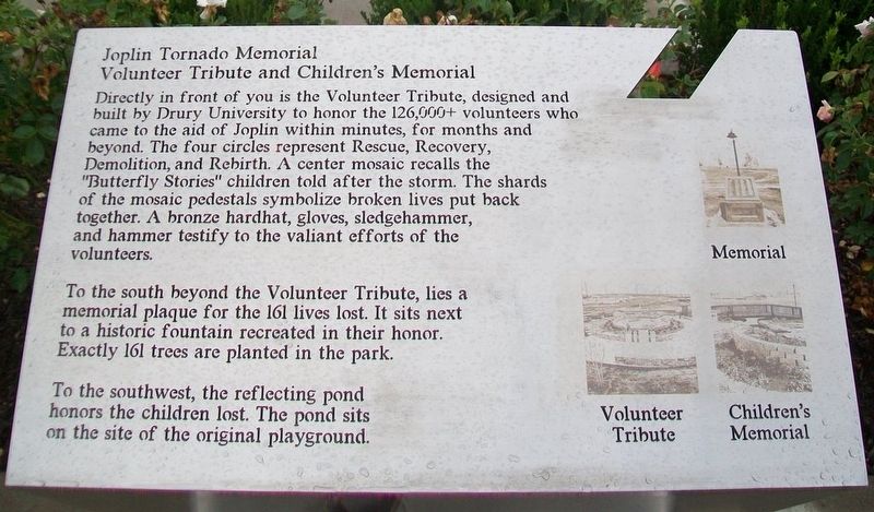 Joplin Tornado Memorial, Volunteer Tribute and Children's Memorial Marker image. Click for full size.