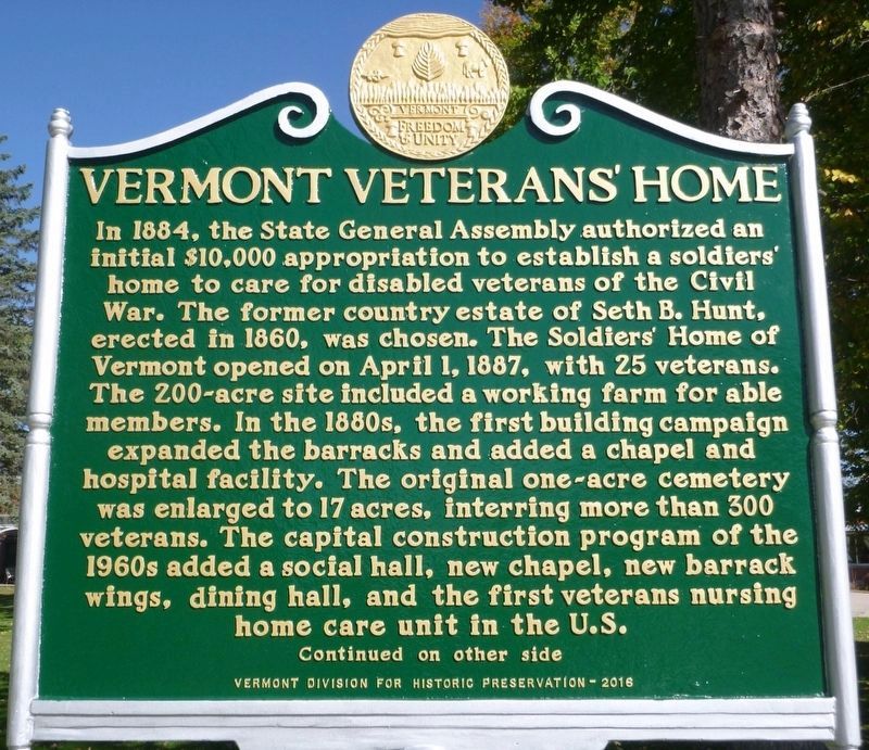 Vermont Veterans' Home Marker Side 1 image. Click for full size.