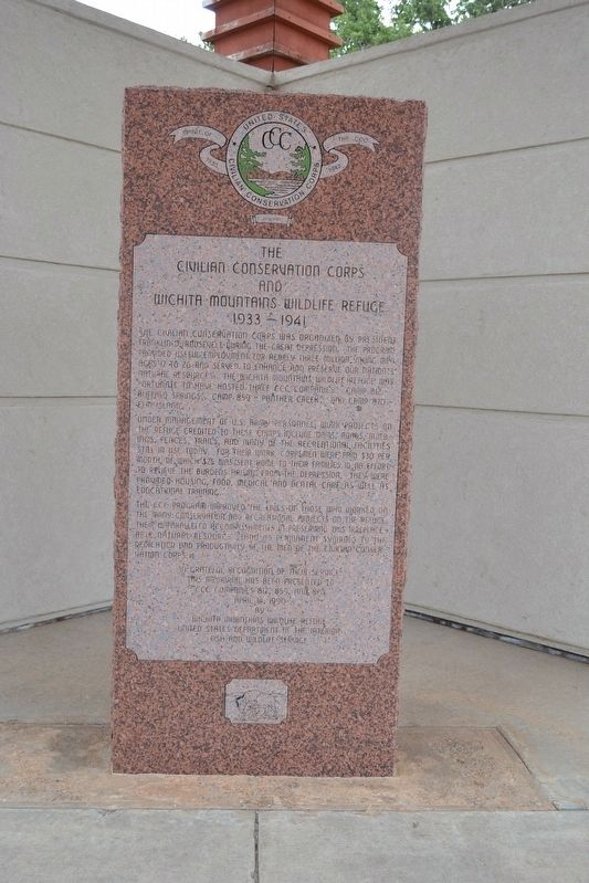 The Civilian Conservation Corps and Wichita Mountains Wildlife Refuge Marker. Click for full size. The Civilian Conservation Corps and Wichita Mountains Wildlife Refuge Marker image. Click for full size.