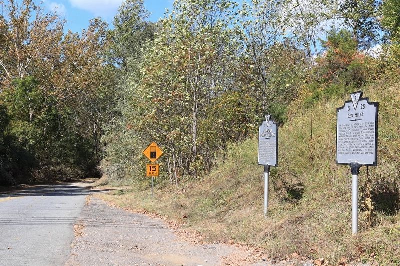 Monacan Indian Village (left) and Rio Mills Markers. Click for full size. Monacan Indian Village (left) and Rio Mills Markers image. Click for full size.