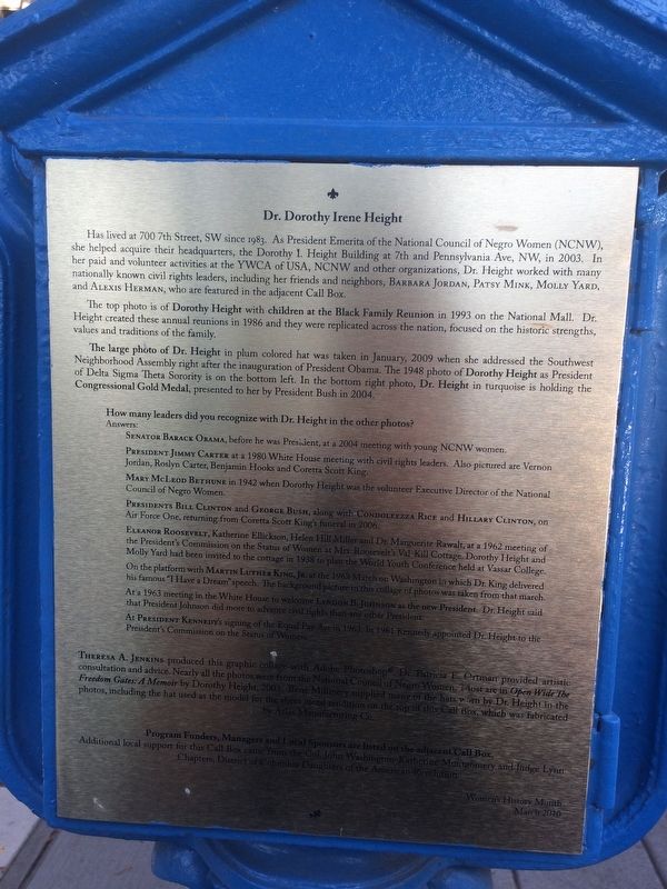 Back of Dr. Dorothy Height Marker image. Click for full size.