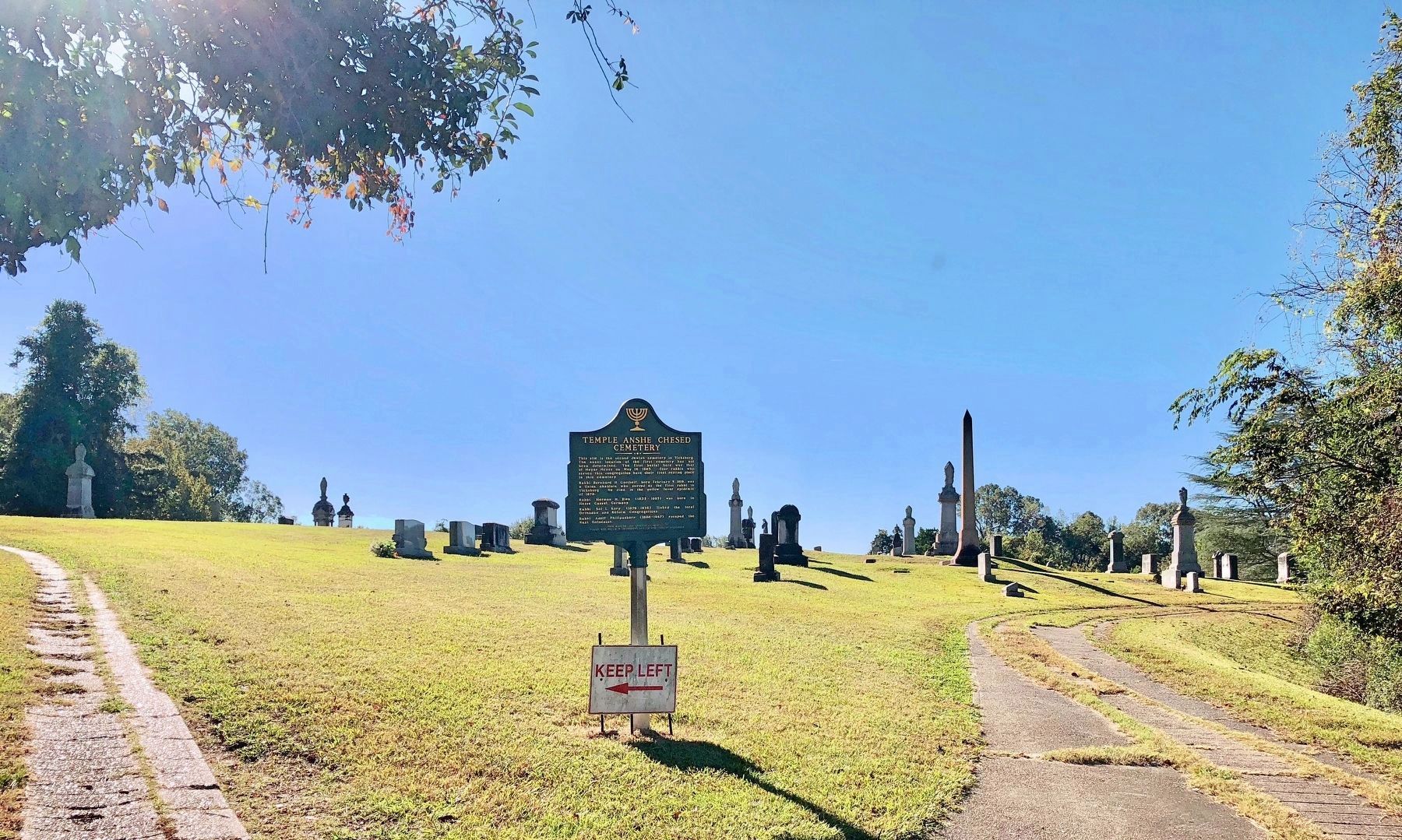 View of marker at the Temple Anshe Chesed Cemetery at very east end of Grove Street.. Click for full size. View of marker at the Temple Anshe Chesed Cemetery at very east end of Grove Street. image. Click for full size.