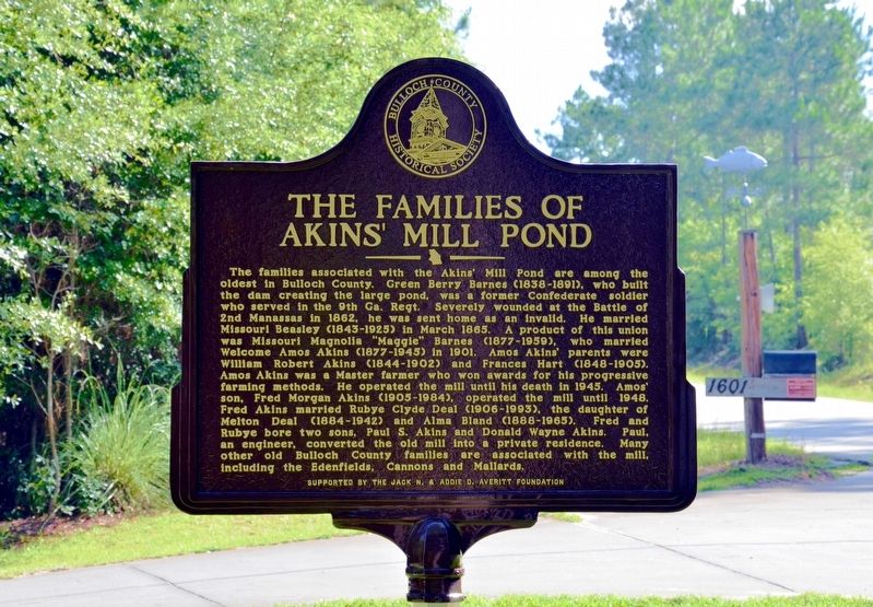 The Families of Akins Mill Pond Marker image. Click for full size.