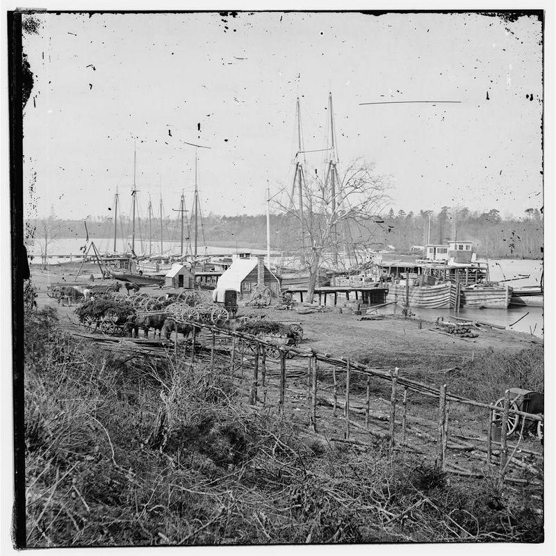 Docks with transports [Broadway Landing, Appomattox River, Virginia] image. Click for full size.