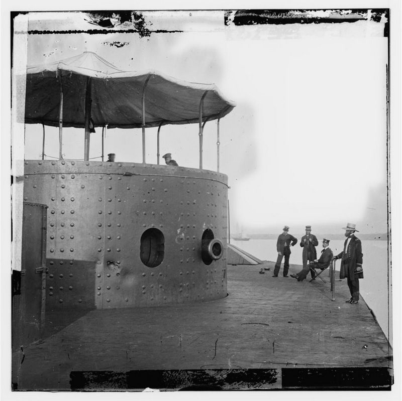 [James River, Va. Deck and turret of U.S.S. Monitor seen from the bow (i.e. stern)] image. Click for full size.