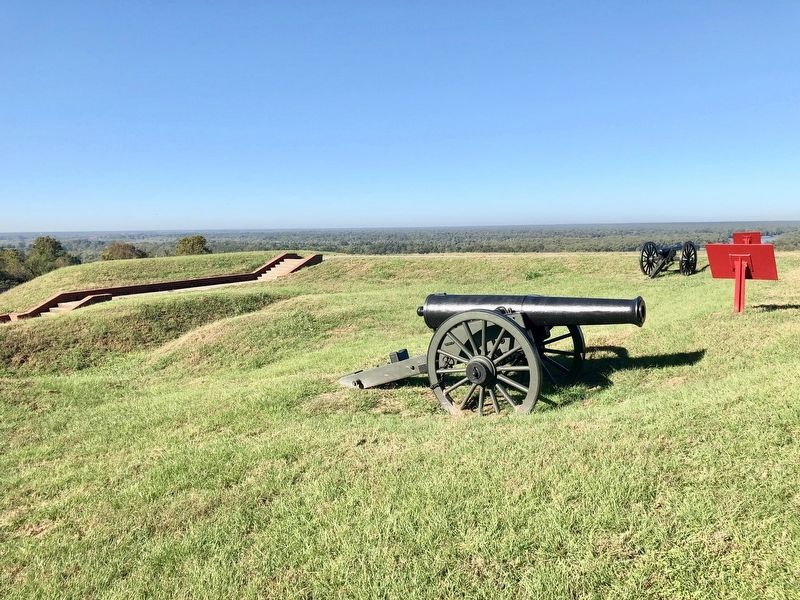 View west towards the Yazoo River, gun and marker in foreground. image. Click for full size.