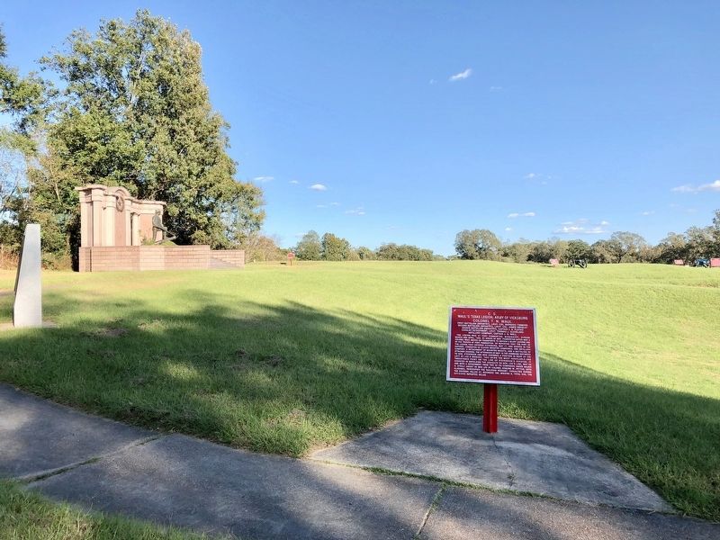 Marker with Texas Monument on left and Railroad Redoubt on right background. image. Click for full size.