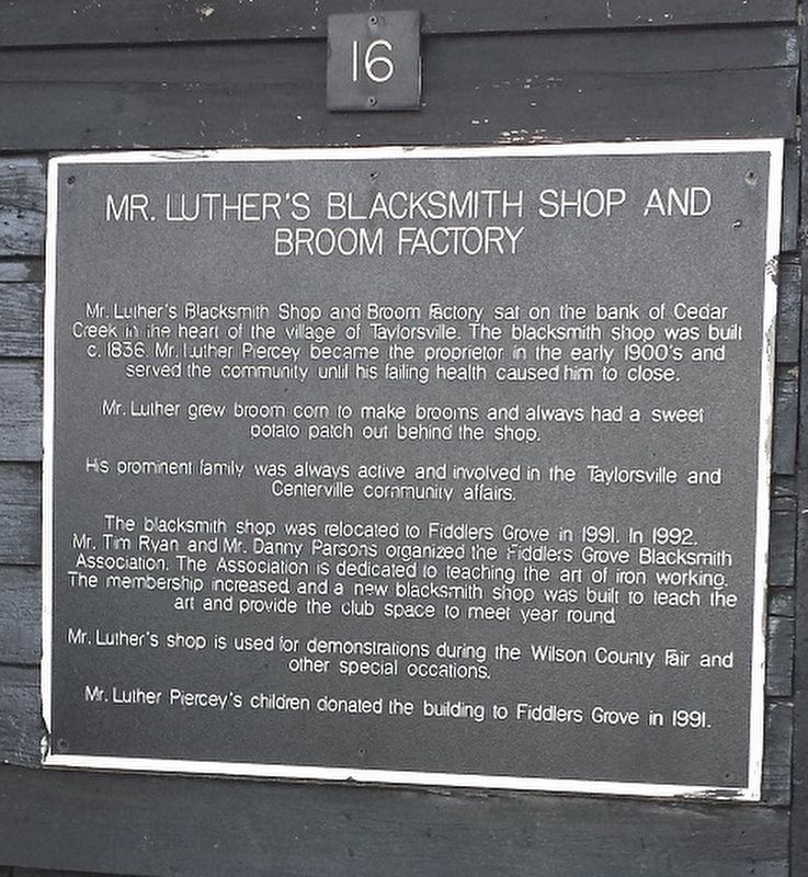 Mr. Luther's Blacksmith Shop and Broom Factory Marker. Click for full size. Mr. Luther's Blacksmith Shop and Broom Factory Marker image. Click for full size.