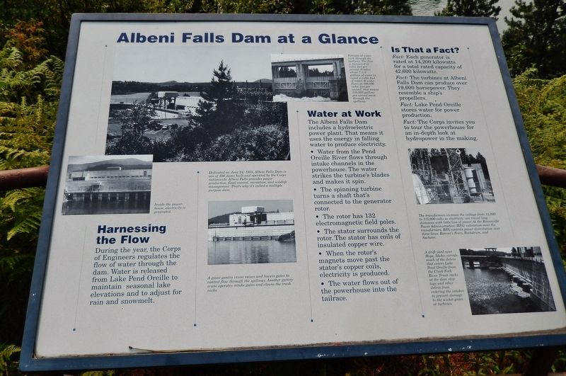 Albeni Falls Dam at a Glance Marker. Click for full size. Albeni Falls Dam at a Glance Marker image. Click for full size.