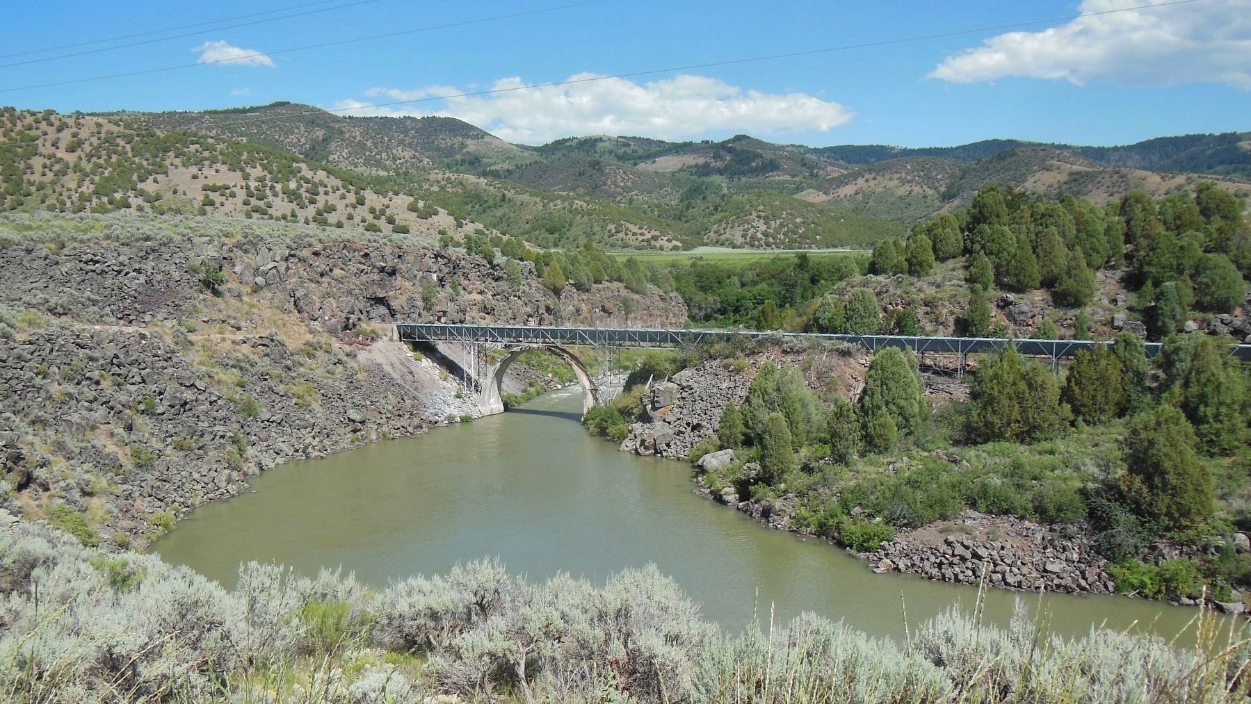 View from Marker: Steel Flume & Concrete Arch across Bear River image. Click for full size.