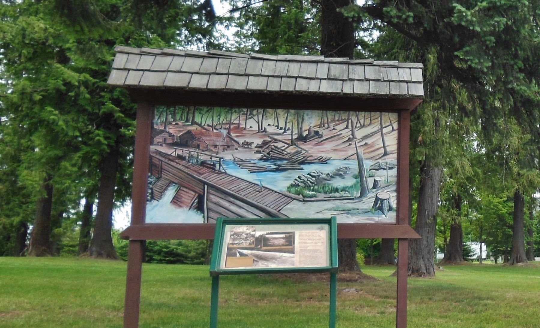 Splash Dam at Hobo Creek Marker (<i>wide view with mural behind marker</i>) image. Click for full size.