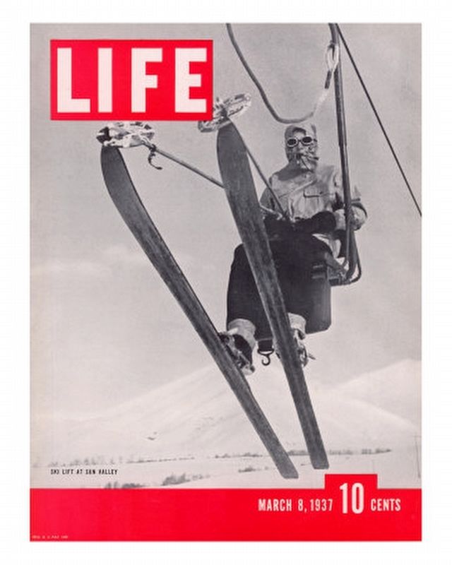 Skier Riding the Chair Lift at Sun Valley Ski Resort, March 8, 1937 image. Click for full size.