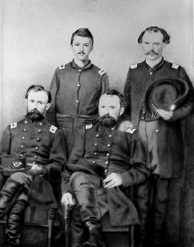 Lucius Frederick Hubbard (front left) with members of the 5th Minnesota Regiment in 1862. image. Click for full size.