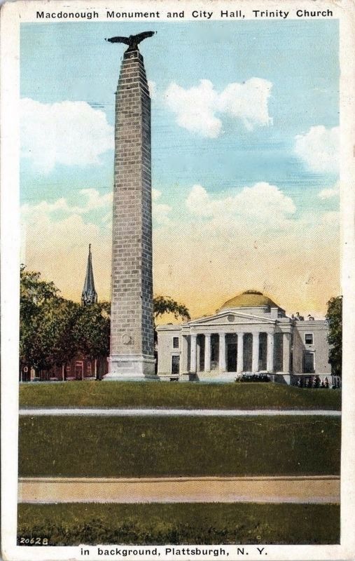 <i>Macdonough Monument and City Hall, Trinity Church in background, Plattsburgh, N.Y.</i> image. Click for full size.
