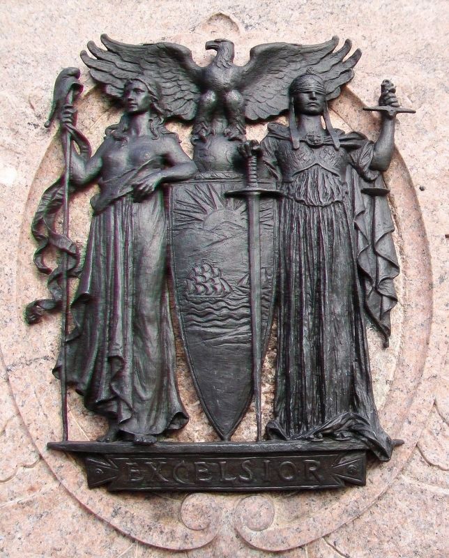 New York State Seal on Roswell Pettibone Flower Monument. Click for full size. New York State Seal on Roswell Pettibone Flower Monument image. Click for full size.
