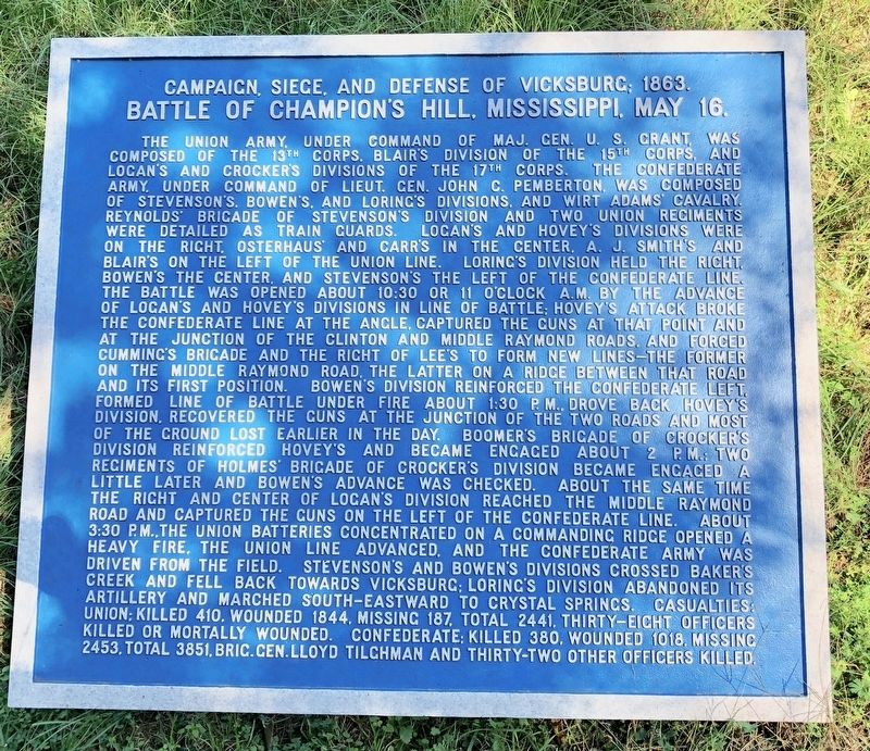 Battle of Champion's Hill, Mississippi, May 16. Marker image. Click for full size.