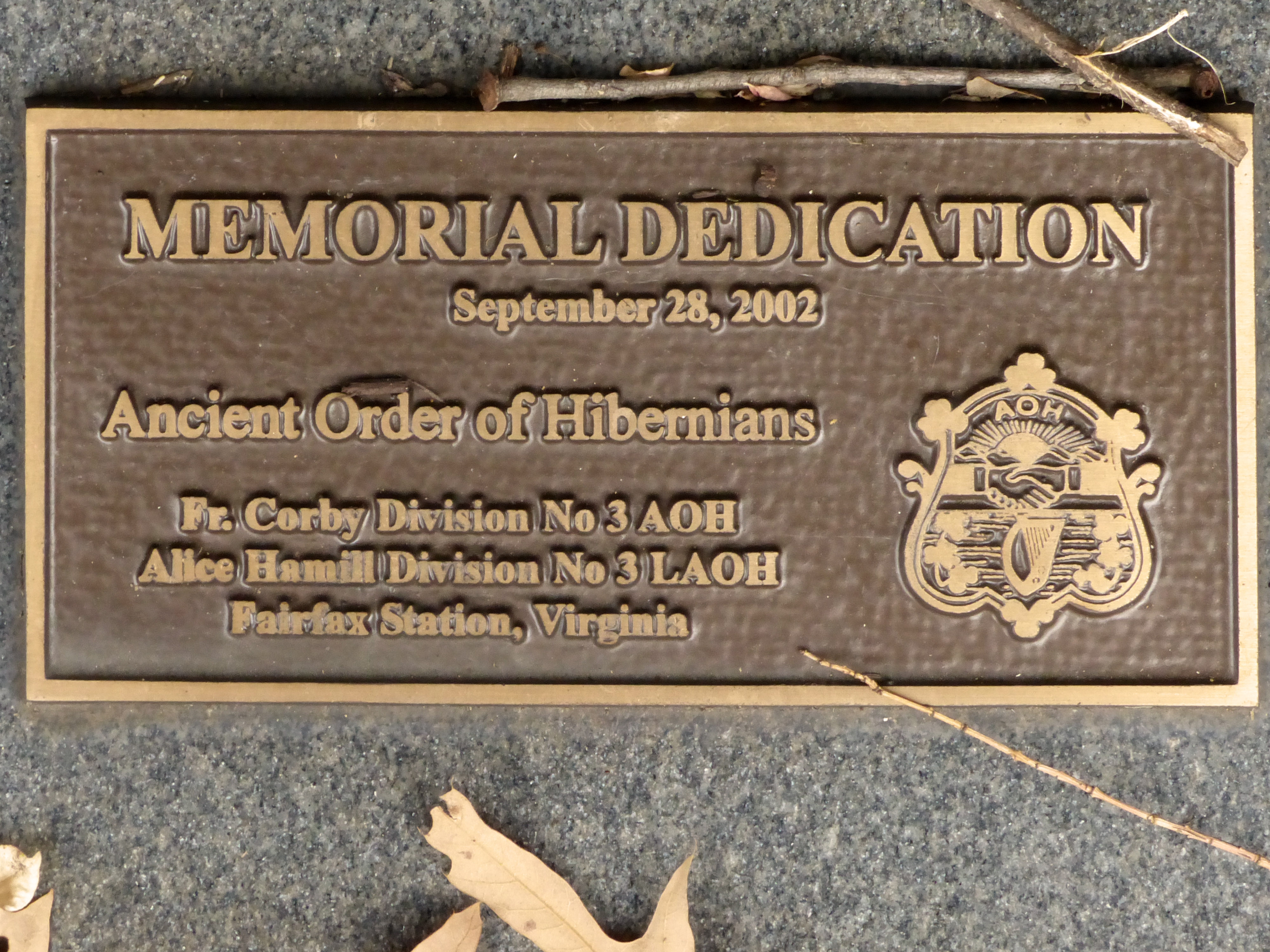 Memorial Dedication<br>September 28, 2002<br>Ancient Order of Hibernians
