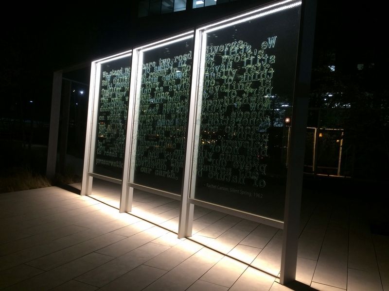 <I>Two Roads</I> sculpture illuminated at night image. Click for full size.