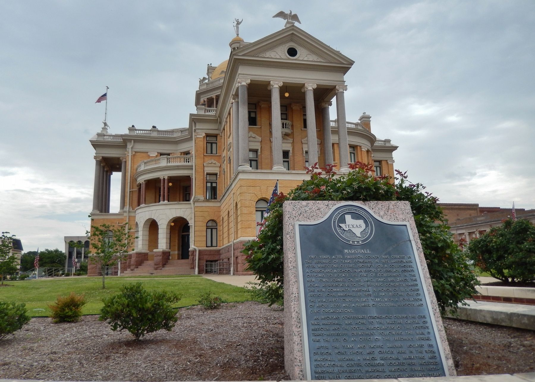 Marshall Marker (<i>wide view; former Harrison County Courthouse in background</i>) image. Click for full size.