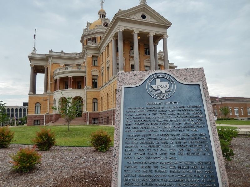 Harrison County Marker (<i>wide view; former Harrison County Courthouse in background</i>) image. Click for full size.