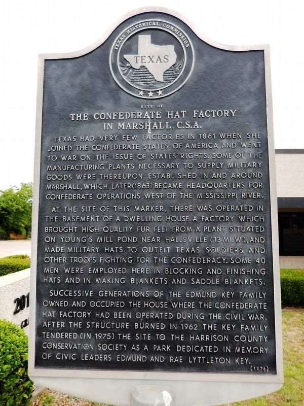 Confederate Hat Factory in Marshall, C.S.A. Marker. Click for full size. Confederate Hat Factory in Marshall, C.S.A. Marker image. Click for full size.