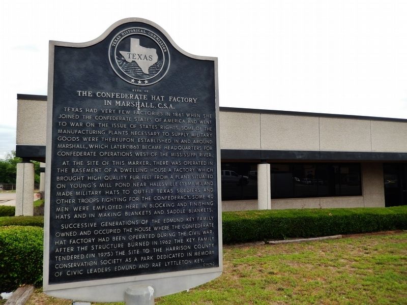 Site of The Confederate Hat Factory in Marshall, C.S.A. Marker (<i>wide view</i>). Click for full size. Site of The Confederate Hat Factory in Marshall, C.S.A. Marker (<i>wide view</i>) image. Click for full size.