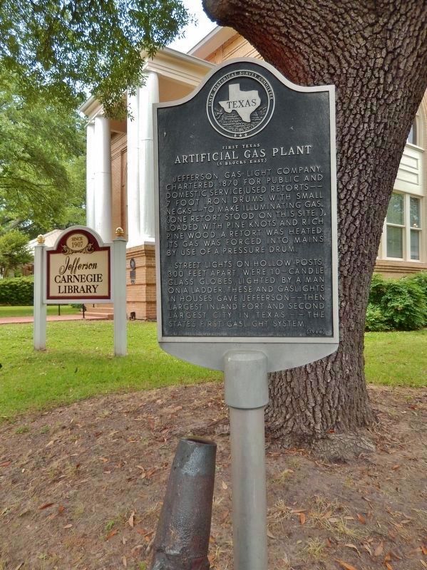 First Texas Artificial Gas Plant Marker (<i>view showing top of iron retort below marker</i>). Click for full size. First Texas Artificial Gas Plant Marker (<i>view showing top of iron retort below marker</i>) image. Click for full size.