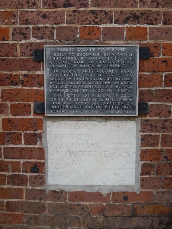 Shelby County Courthouse Marker (<i>tall view showing cornerstone below marker</i>) image. Click for full size.