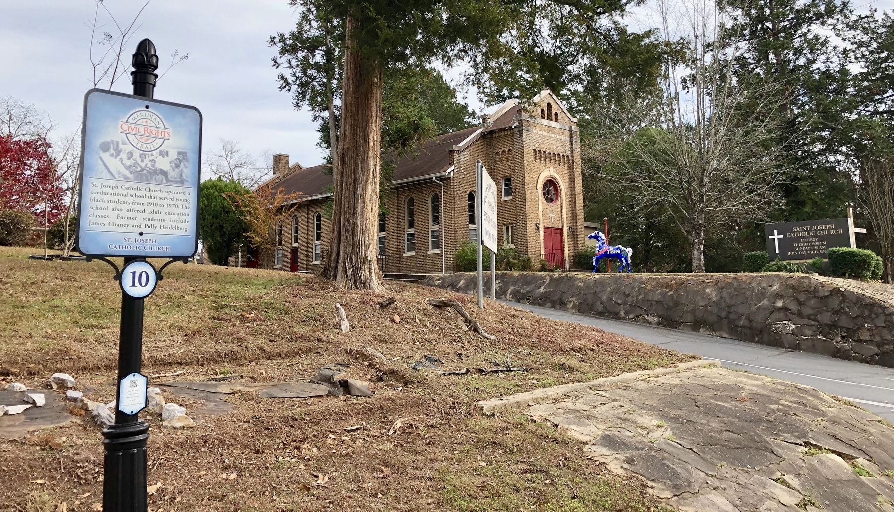 St. Joseph Catholic Church with marker along street. image. Click for full size.