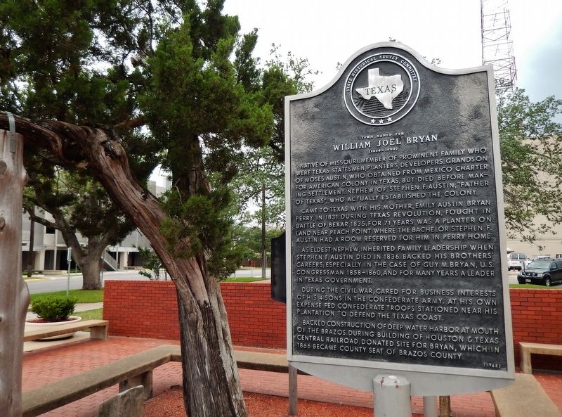 Town Named for William Joel Bryan Marker (<i>wide view; Brazos County Courthouse in background</i>). Click for full size. Town Named for William Joel Bryan Marker (<i>wide view; Brazos County Courthouse in background</i>) image. Click for full size.